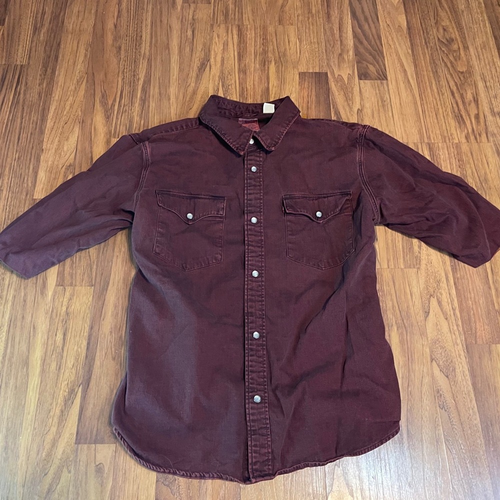 Levis Relaxed Western Shirt Mens XL Burgundy Denim Snap Front Long Sleeve A1919